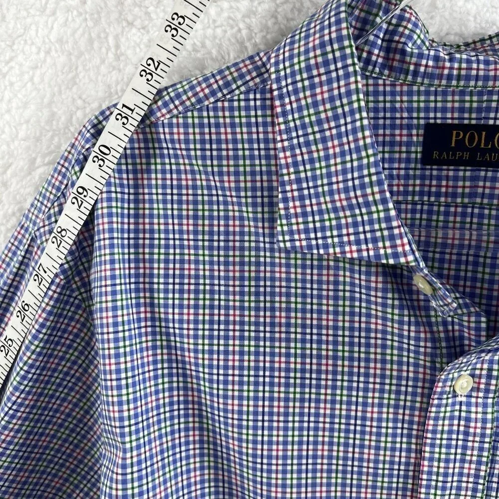 POLO Ralph Lauren XXL Gingham Plaid Twill Dress Shirt 100% Cotton Button Up Logo